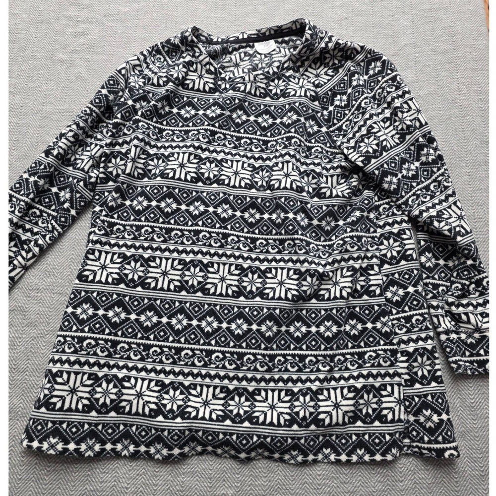 Danskin Now Womens 2X Fleece Tunic Fair Isle Snowflake Black White Long Sleeve